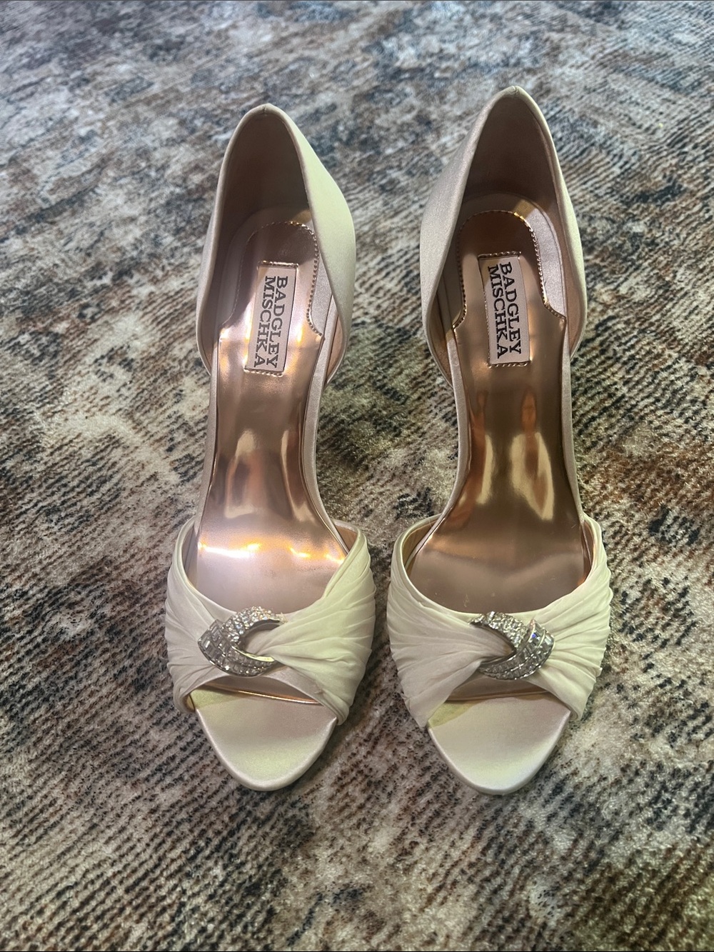 Badgley Mischka Ivory Satin Peep-Toe Heels with Crystal Buckle